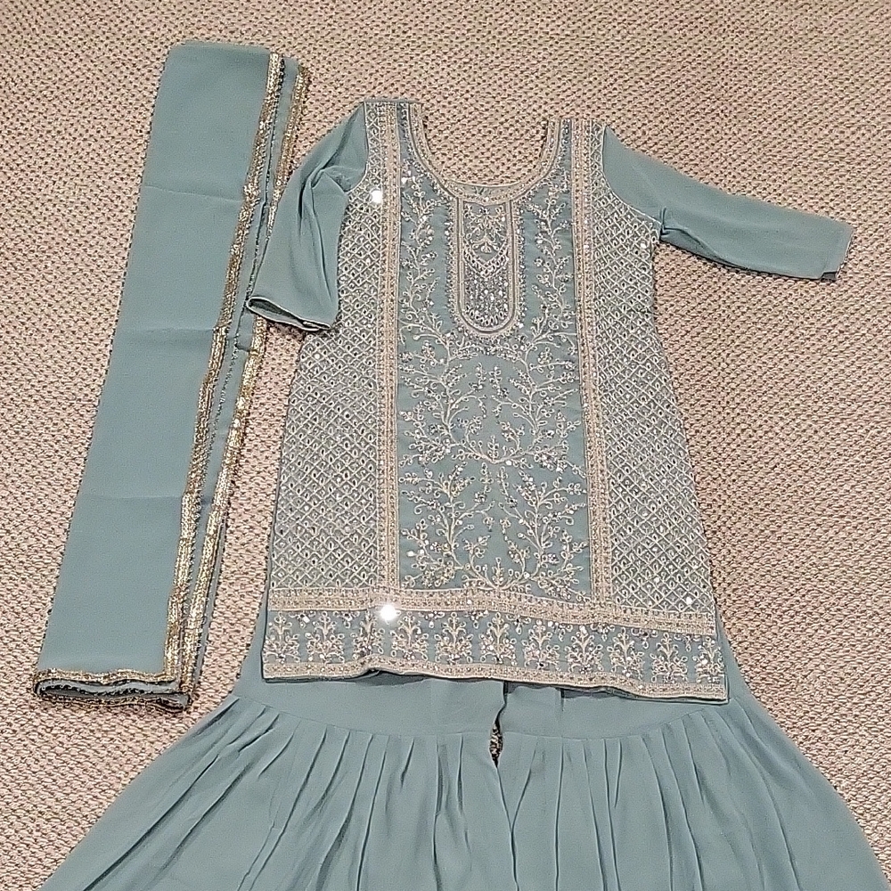 Embroidered Light Sage Blue Women's Formal Salwar Kameez With Dupatta